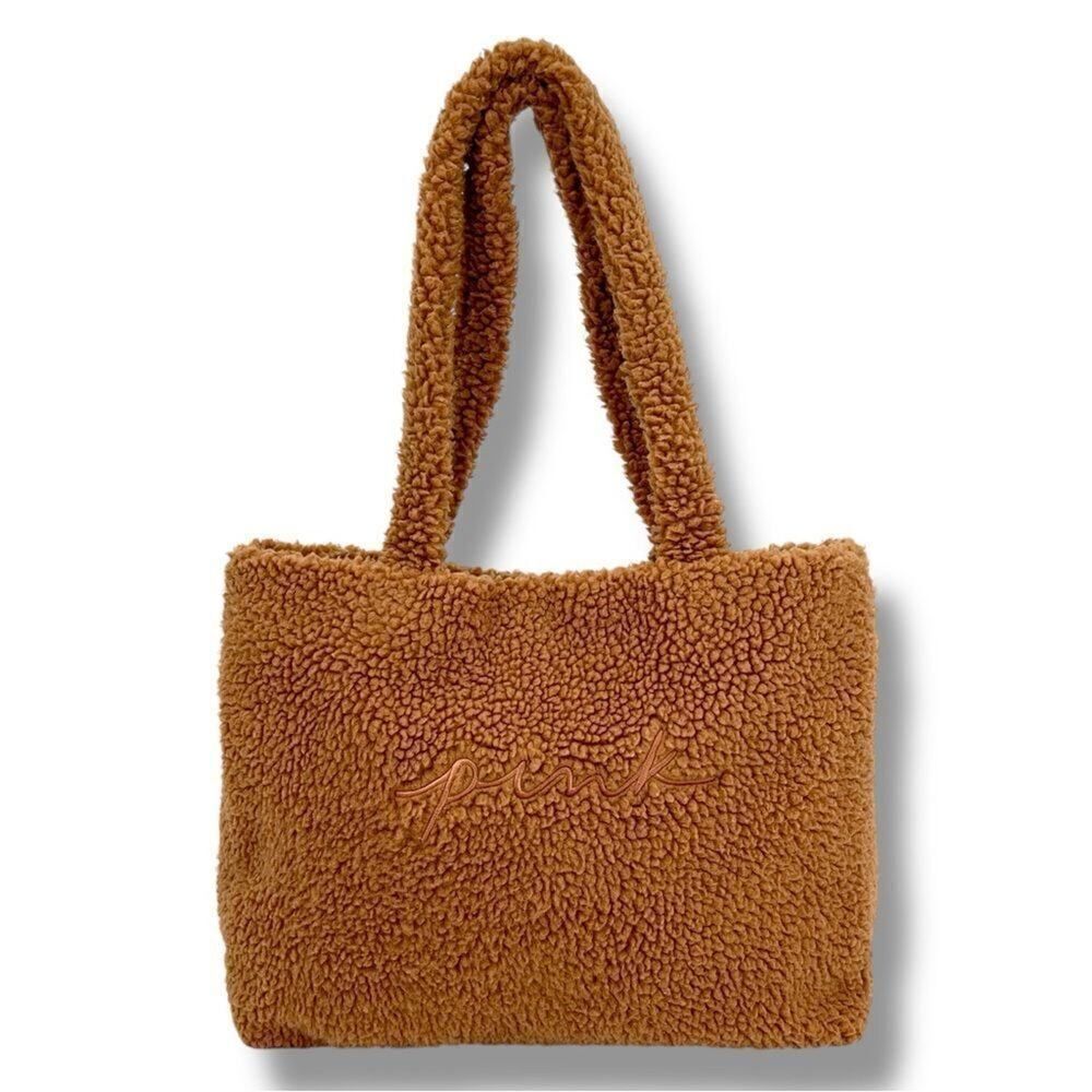Victoria’s Secret PINK Cozy Plush Teddy Bear Warm Tan Brown Tote Bag